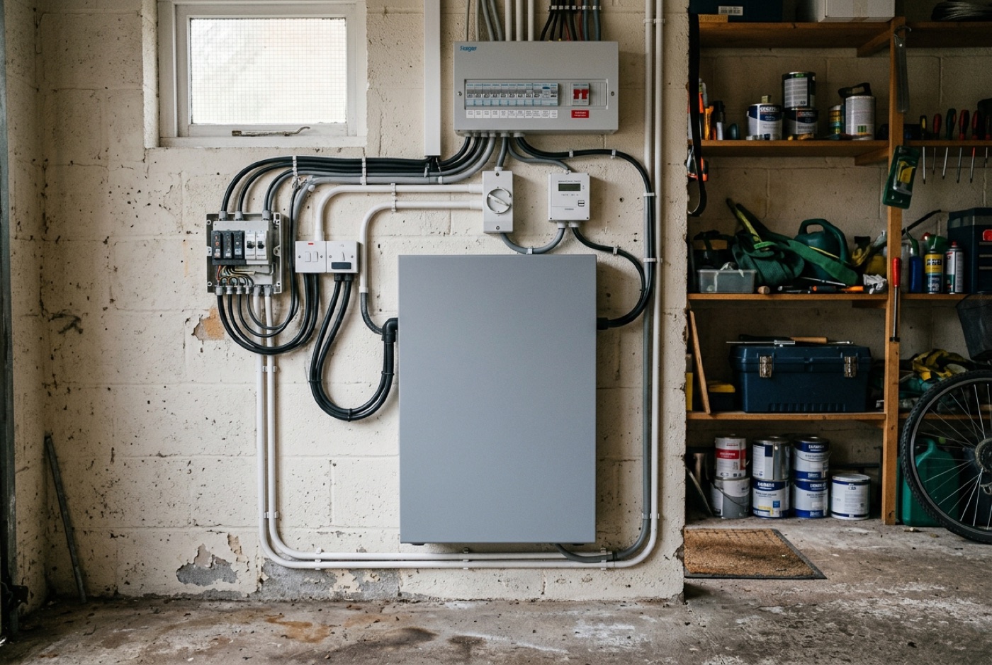 A wall-mounted home battery storage unit in a UK utility space