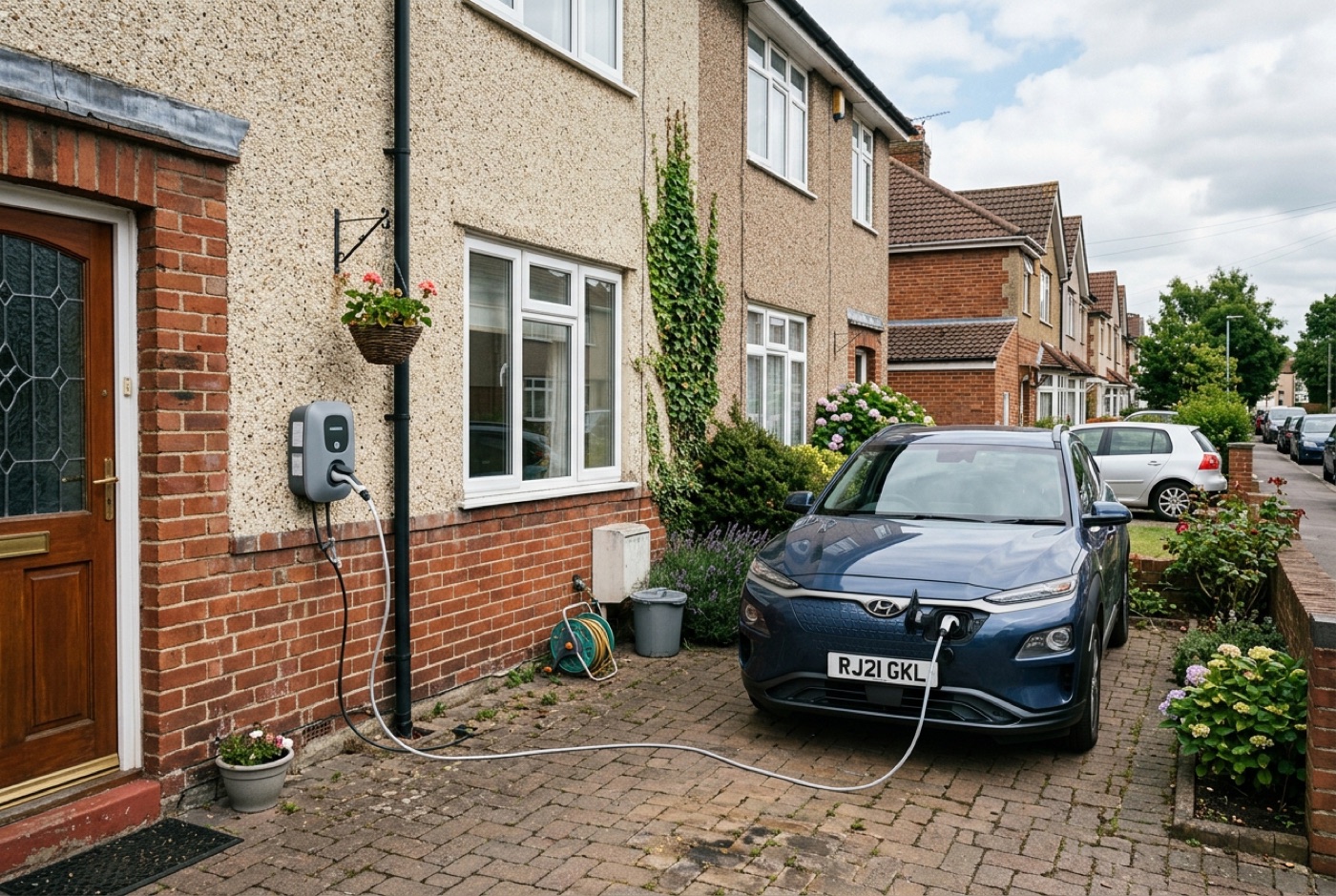 A wall-mounted home EV charger with an electric car charging on a UK driveway