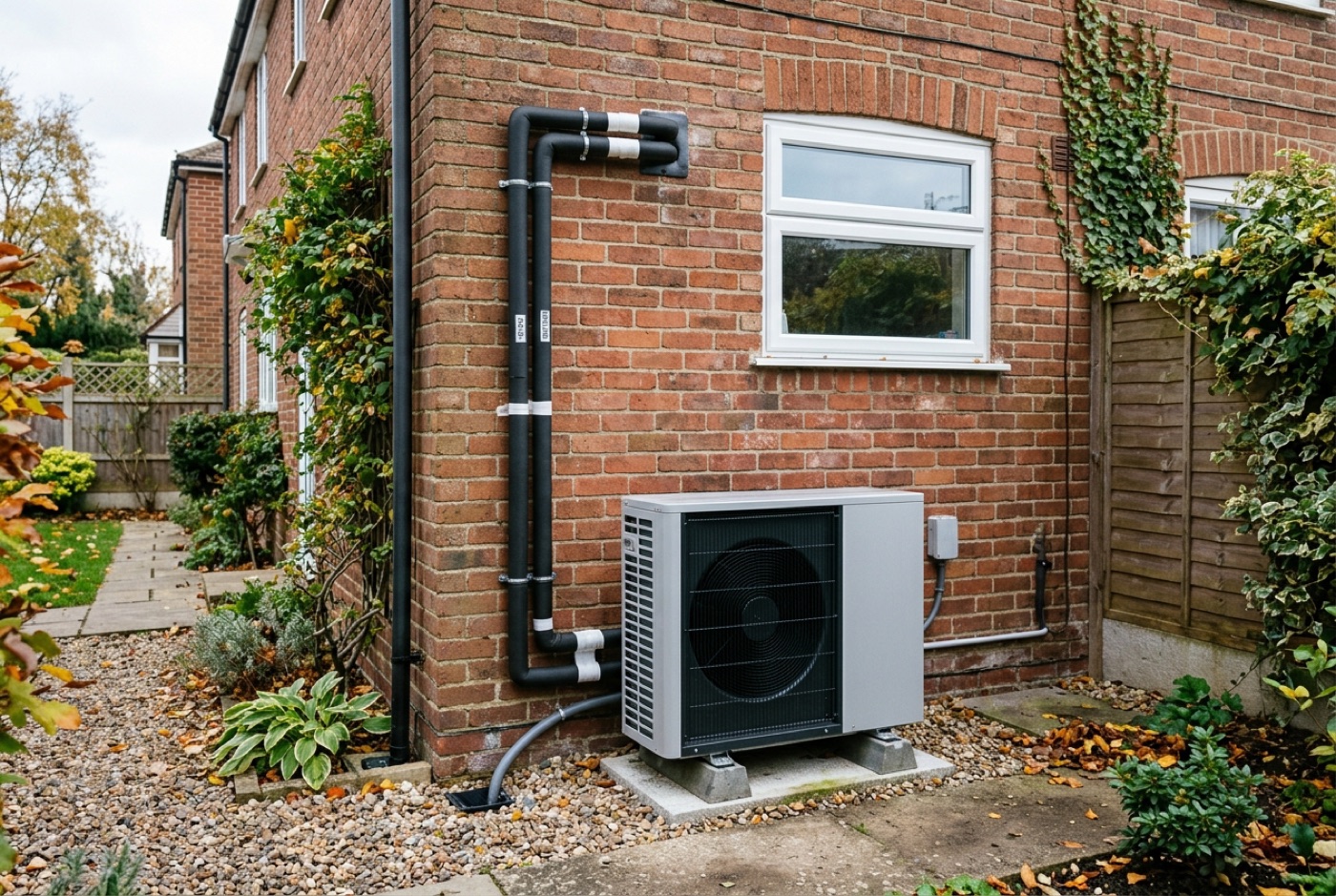 An air source heat pump outdoor unit installed against a UK house wall