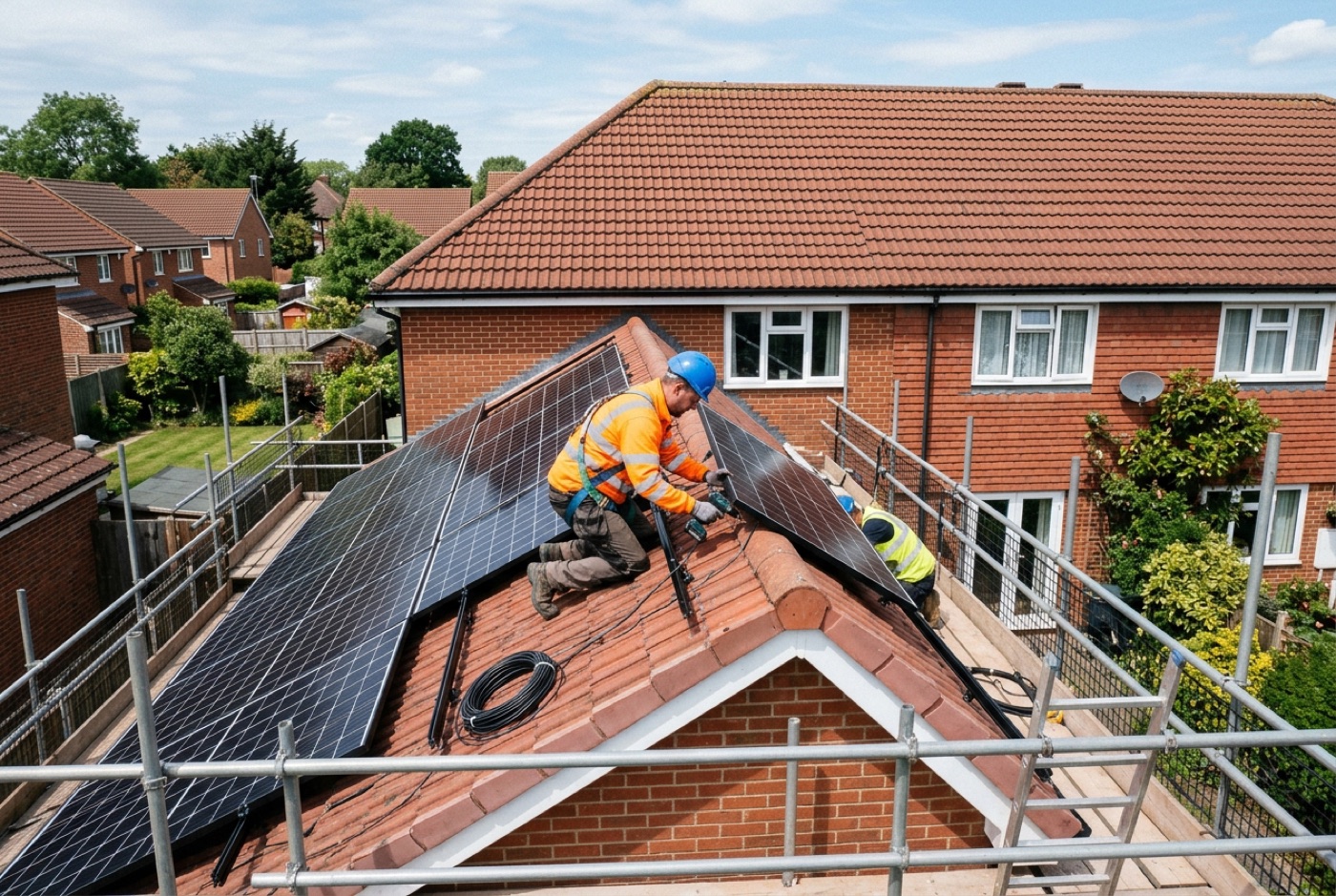 Solar PV panels mounted on a UK pitched roof during installation