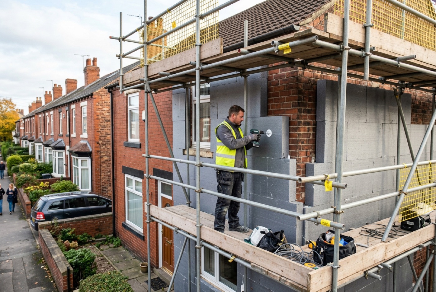 External wall insulation being fitted to a UK solid-wall home