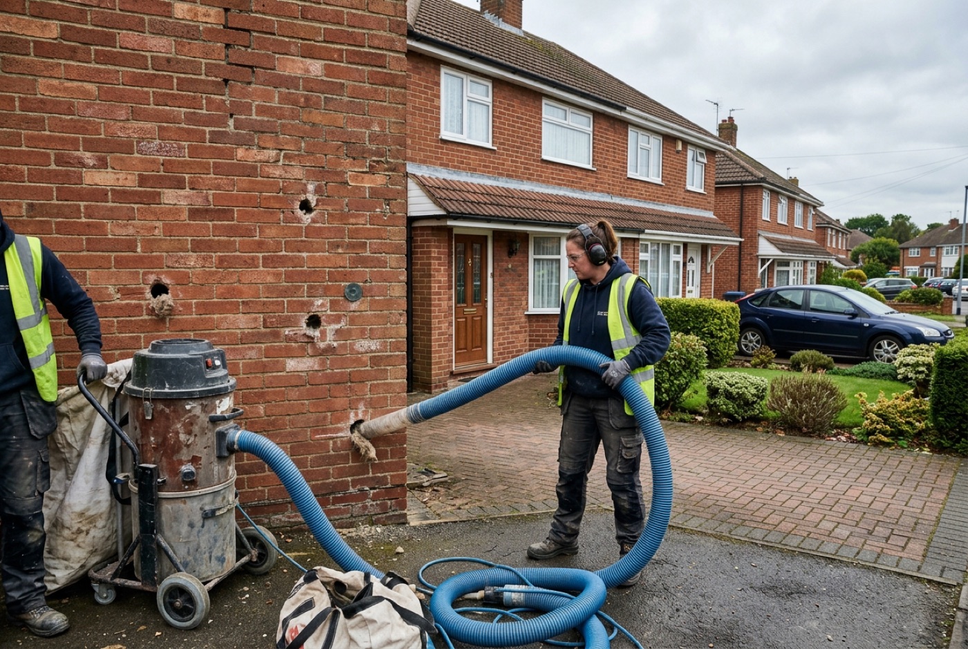 Cavity wall insulation being extracted from the wall of a UK home