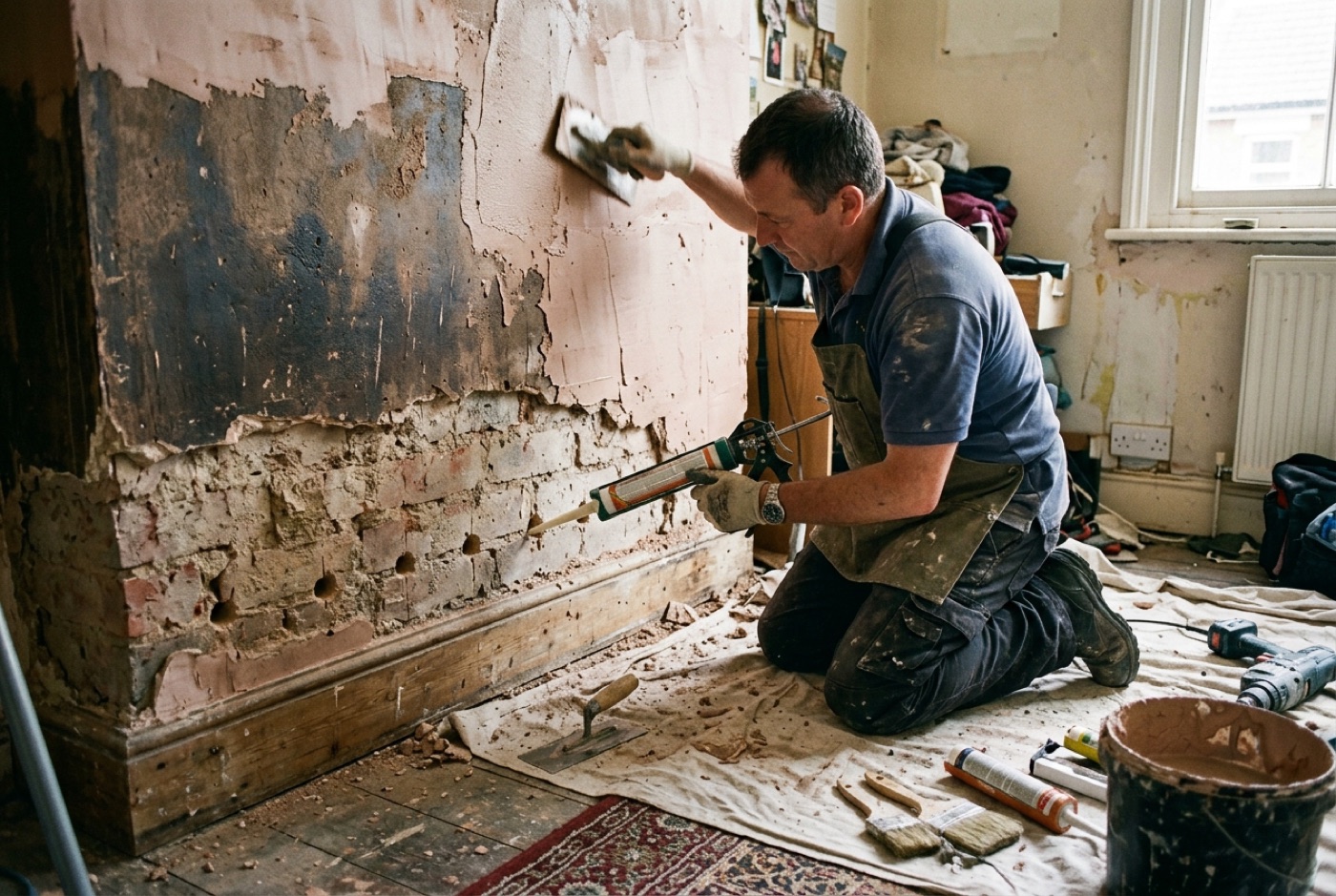 Damp proofing work in progress on the wall of a UK home