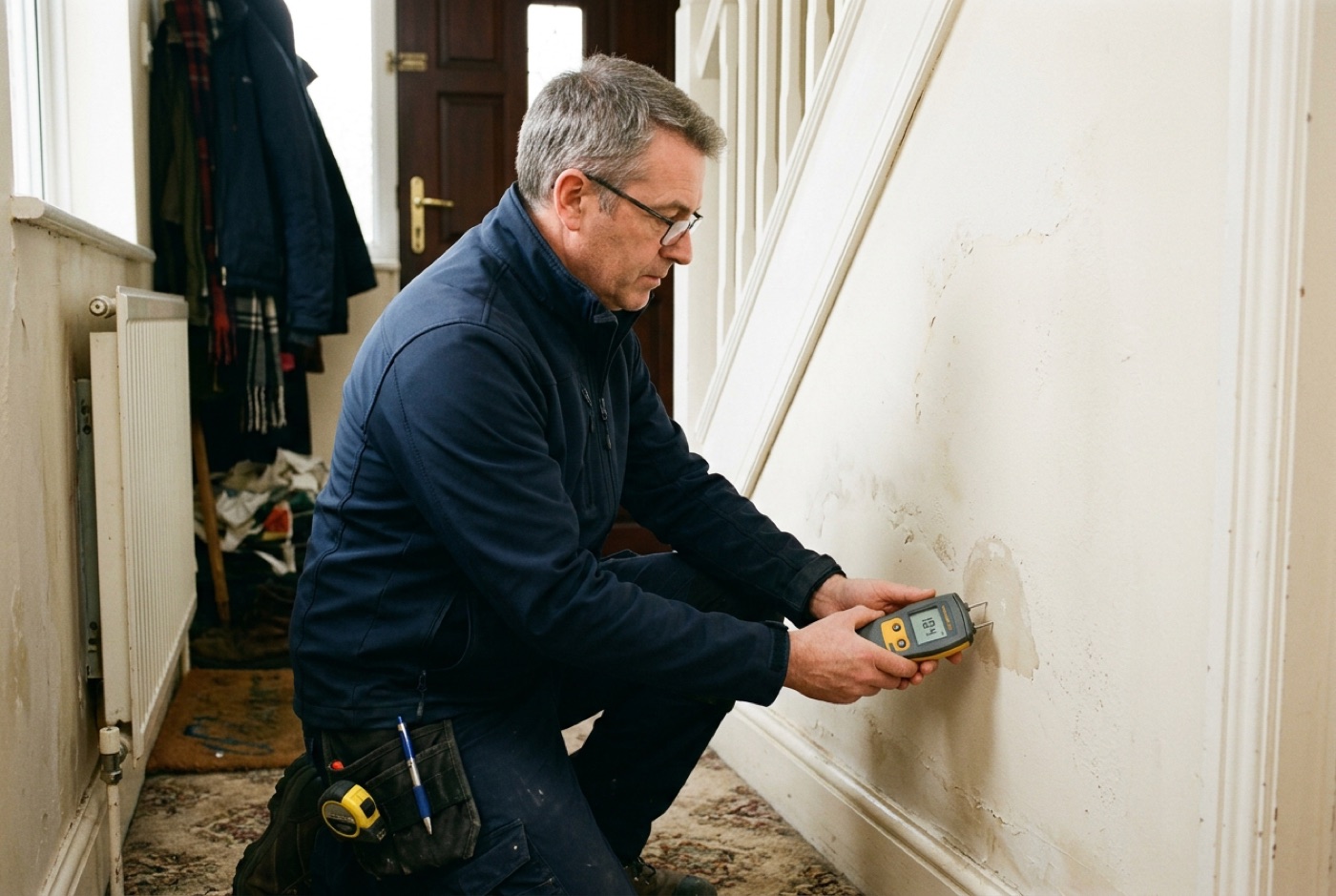 A surveyor taking damp readings on an interior wall during a damp survey