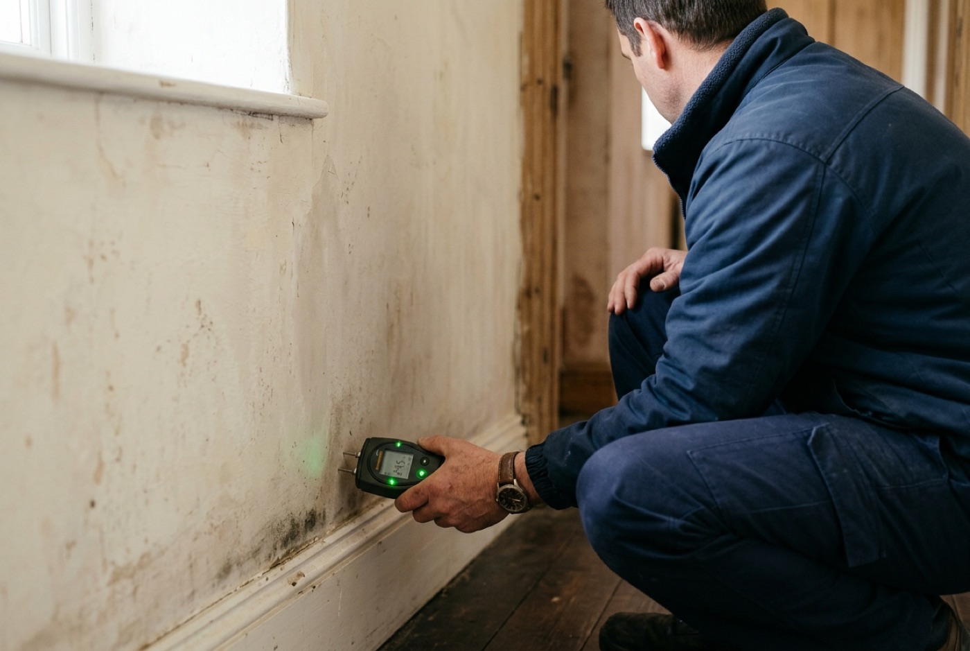 A specialist taking moisture readings on an interior wall during a dry rot assessment