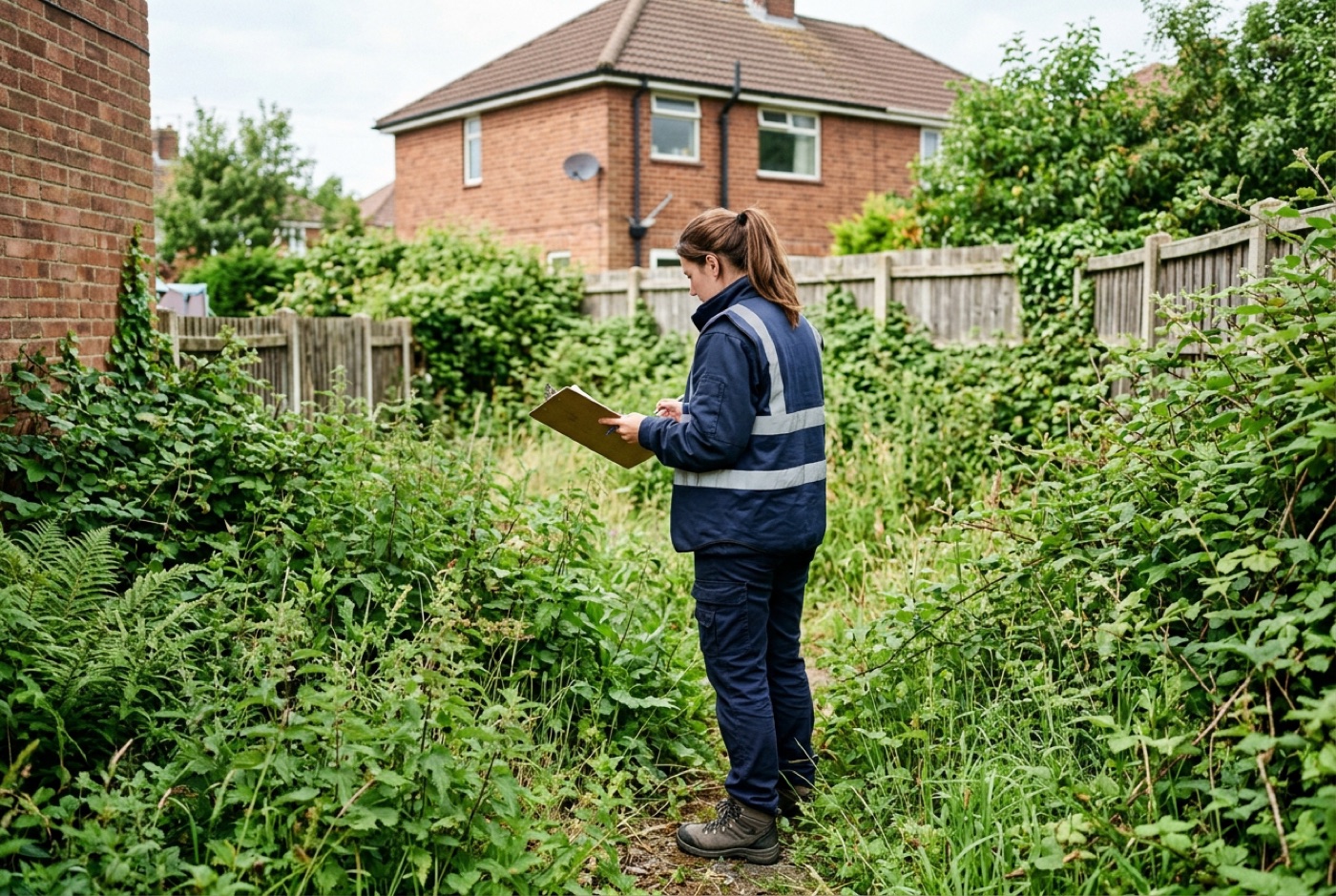 A surveyor with a clipboard assessing an overgrown UK back garden during a knotweed survey