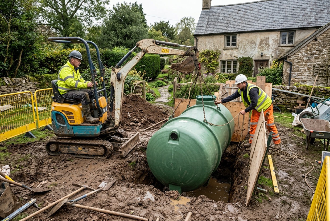 A sewage treatment plant being installed to replace a septic tank in a UK garden