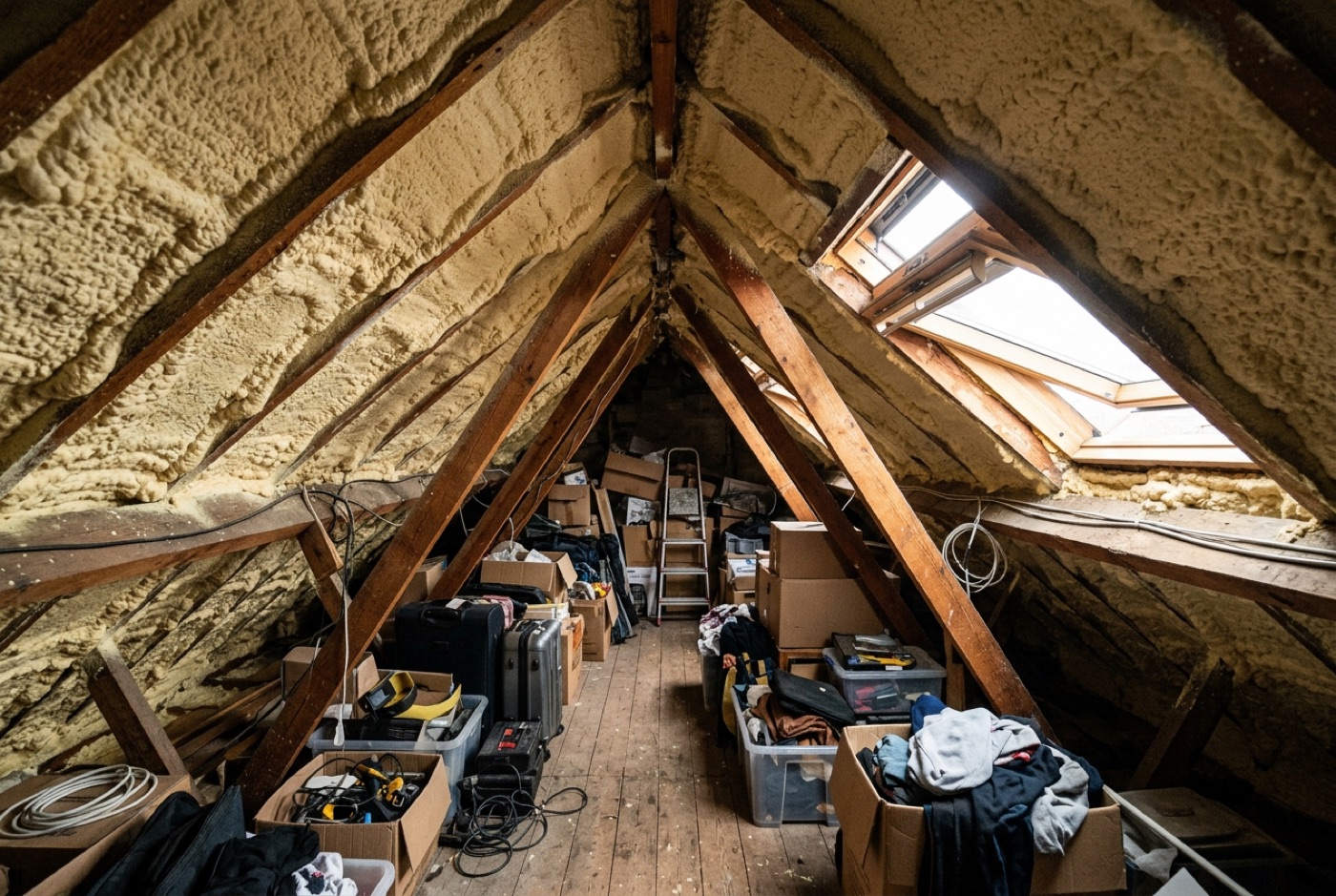A UK loft roof space with spray foam insulation awaiting removal