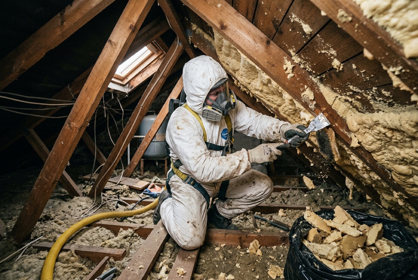 Spray foam insulation being removed from the underside of a UK roof