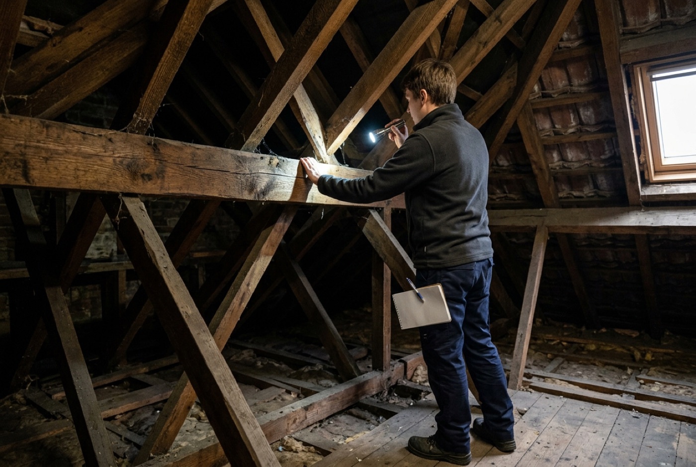 A surveyor inspecting roof timbers with a torch during a woodworm survey