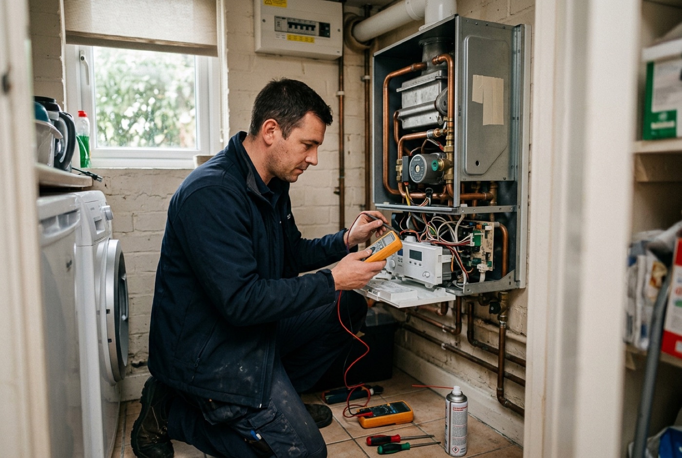 A Gas Safe engineer servicing a wall-mounted combi boiler