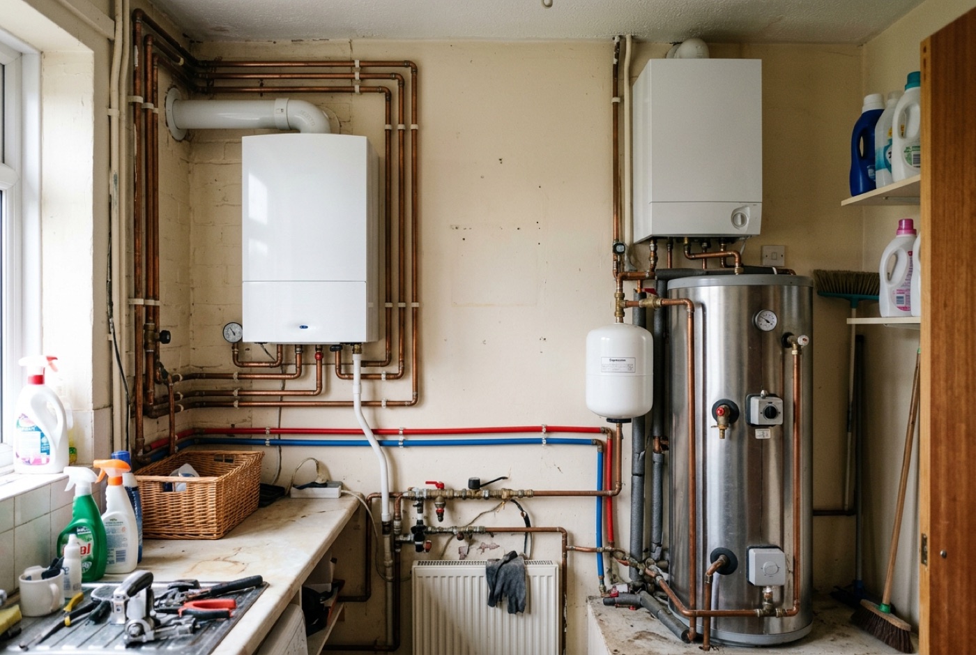 A combi boiler and a system boiler with cylinder shown for comparison