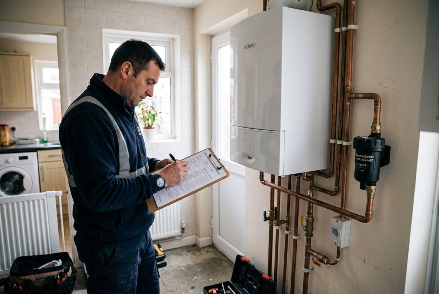 A boiler benchmark certificate being completed during installation