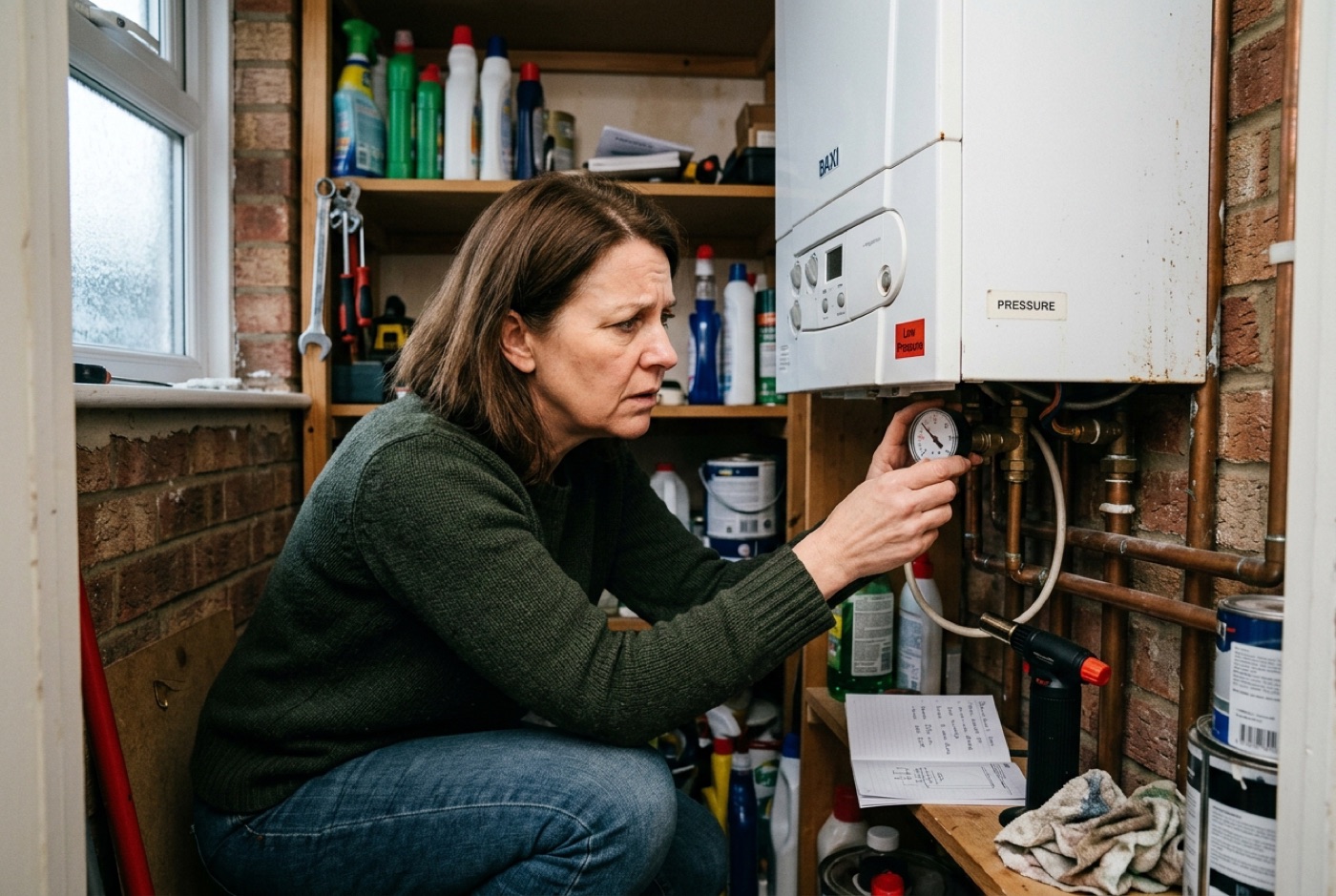 A homeowner checking a boiler during a heating fault before calling an engineer