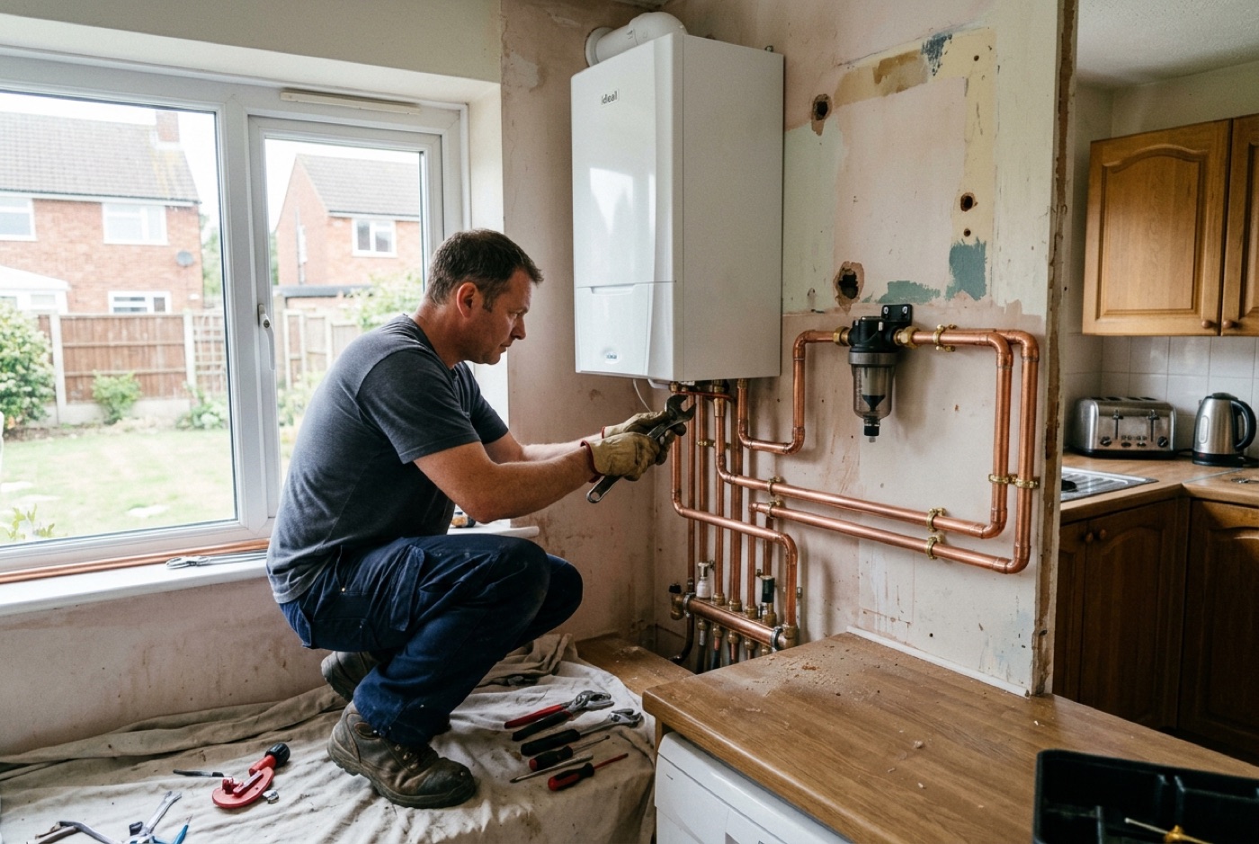 A new central heating system being installed in a UK home