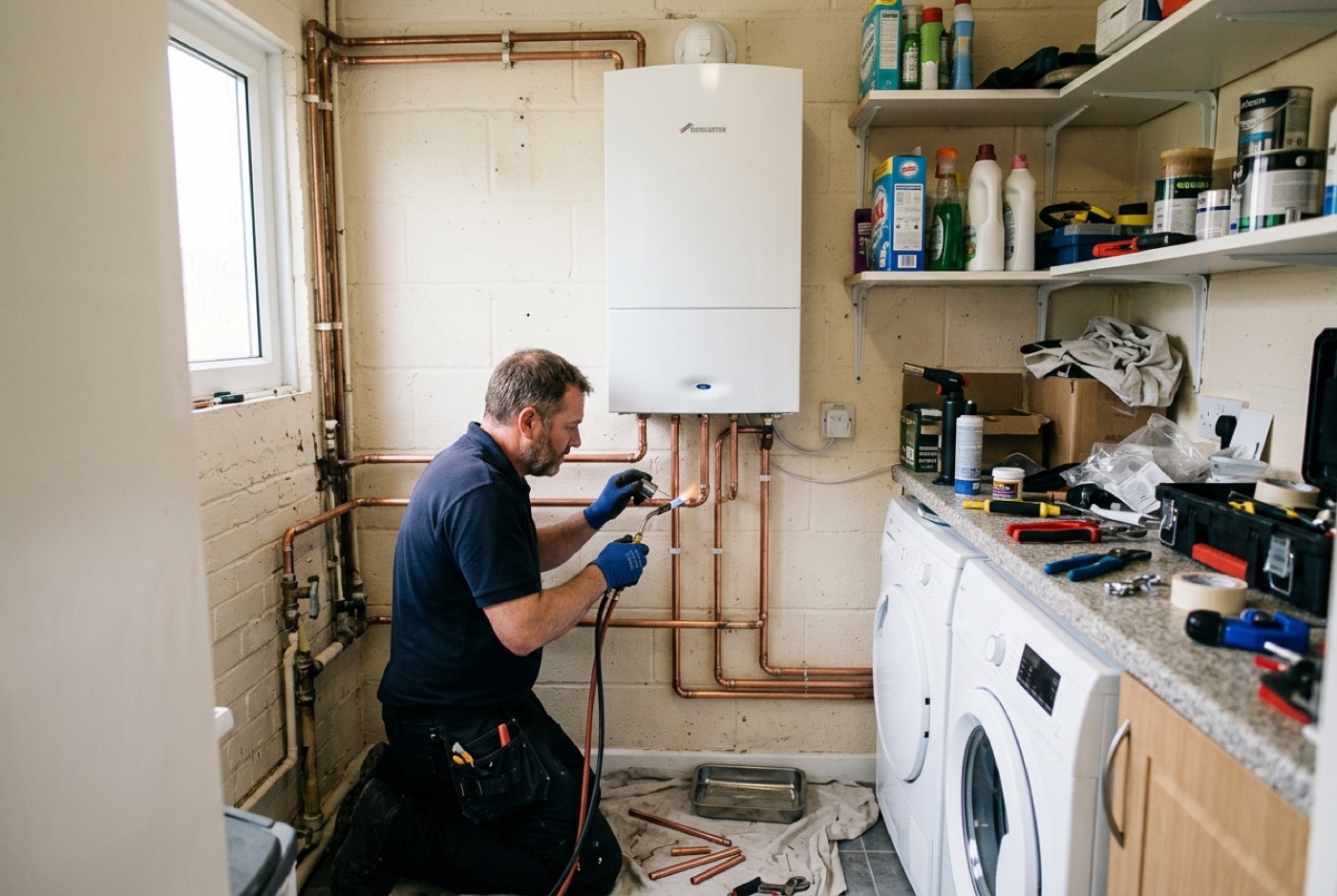 A new combi boiler being installed in a UK home