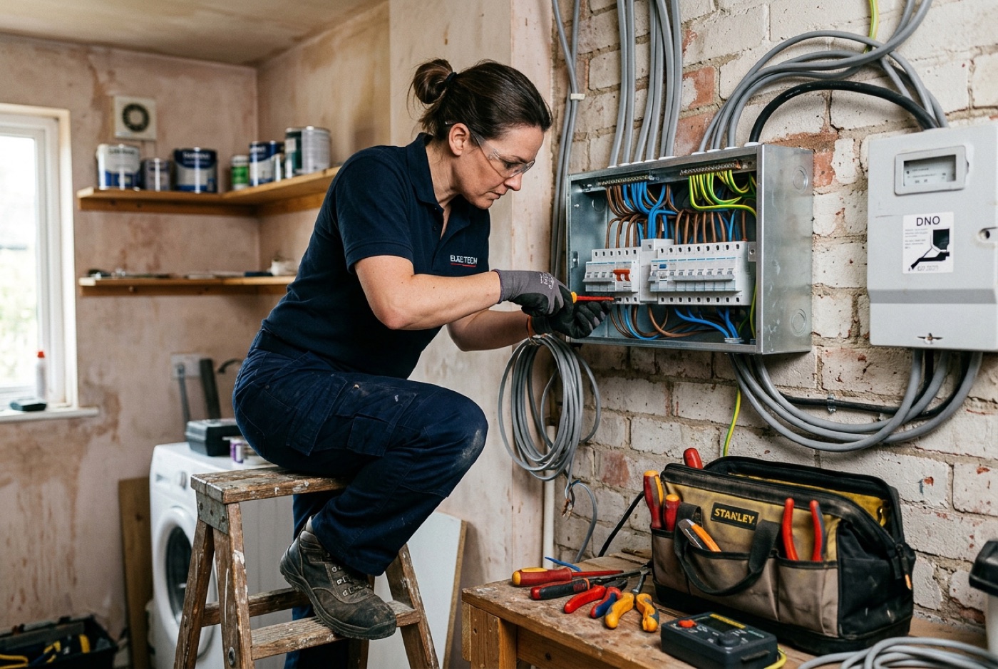 A registered electrician fitting a new consumer unit in a UK home