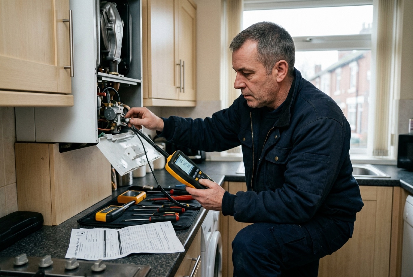 A Gas Safe engineer carrying out a landlord gas safety inspection