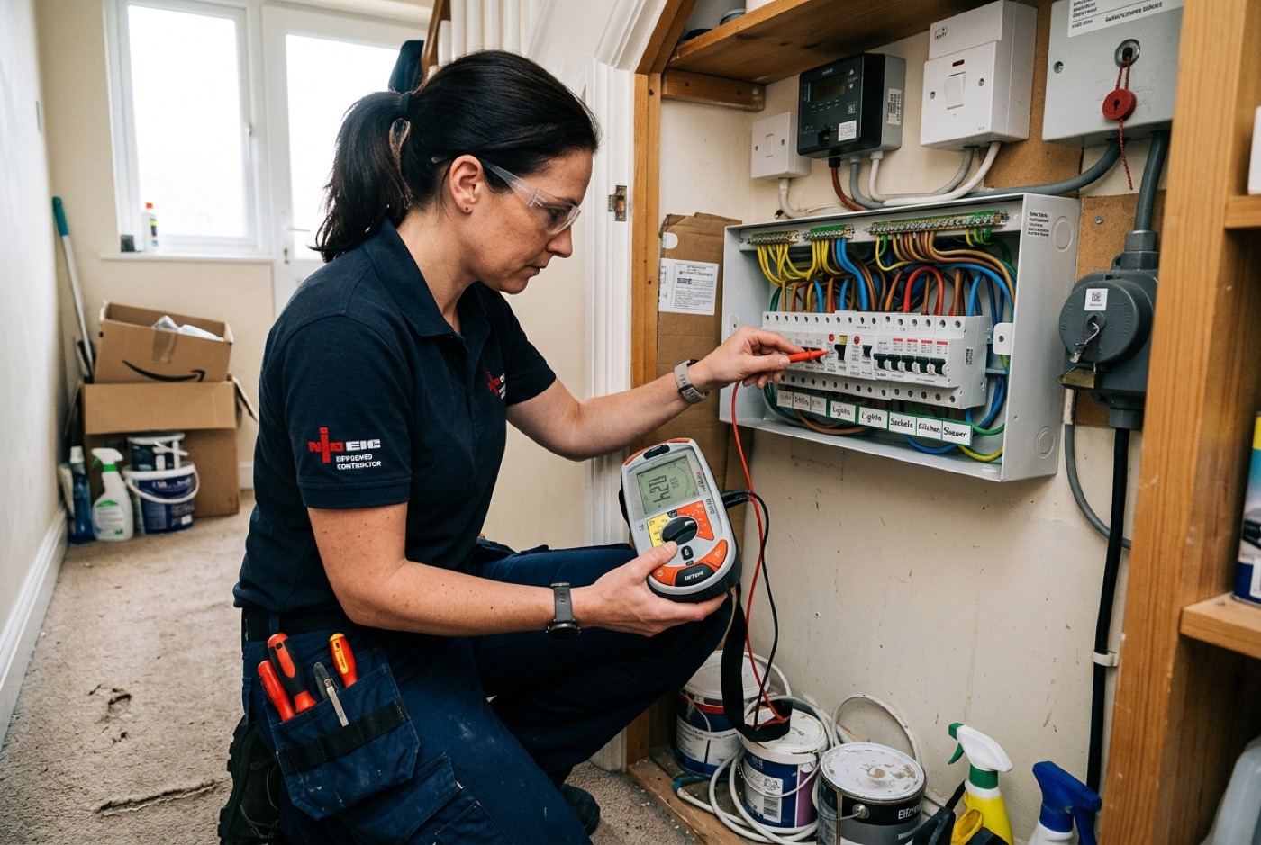 A registered electrician carrying out an EICR inspection on a consumer unit