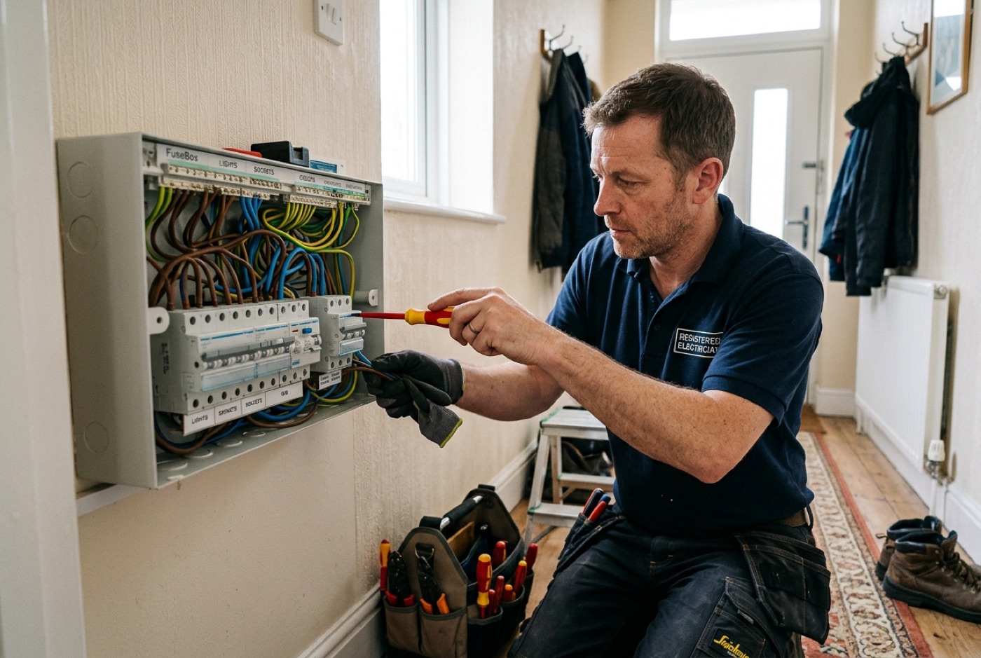 A registered electrician working in a UK home