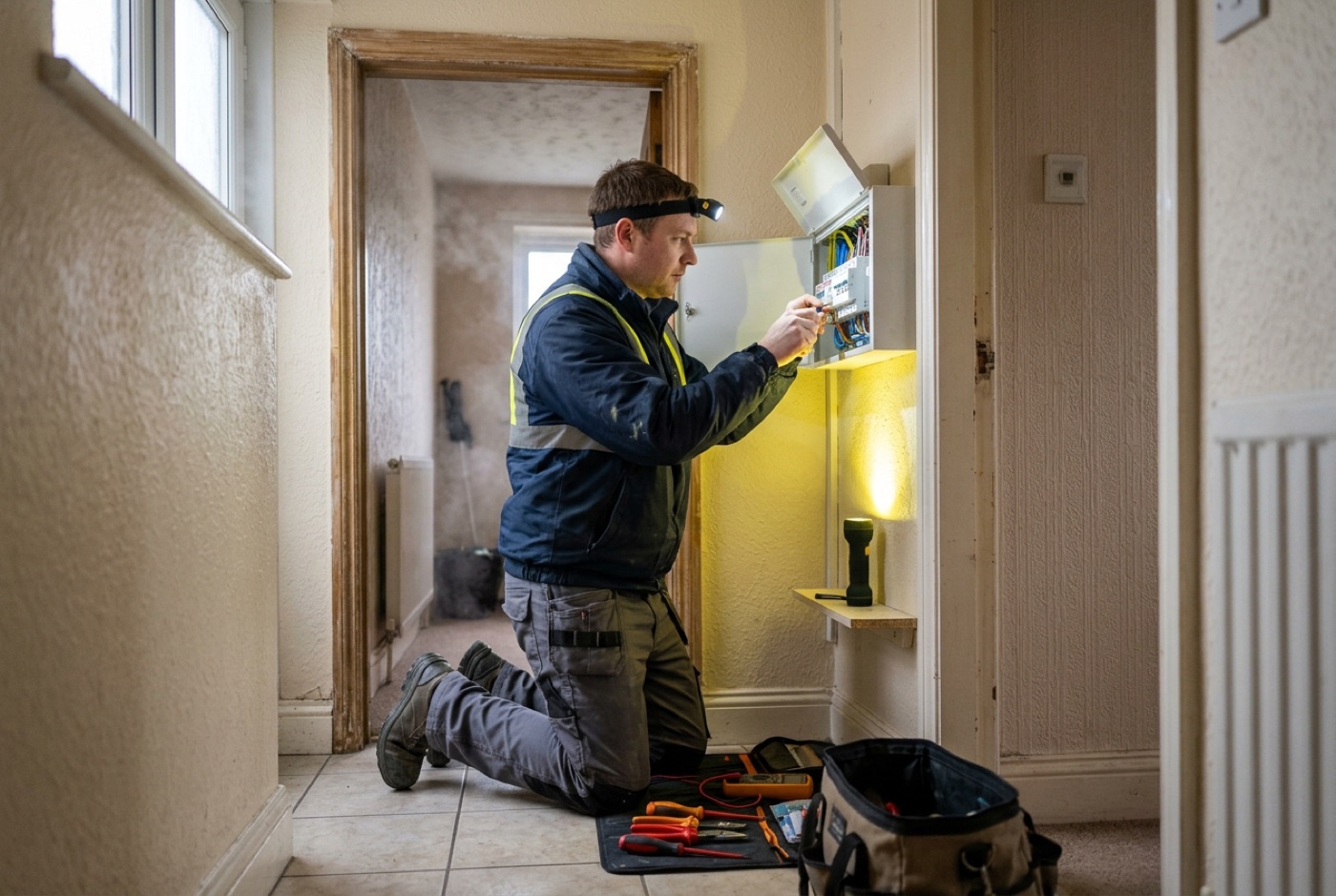 A registered electrician working at a consumer unit during an emergency callout