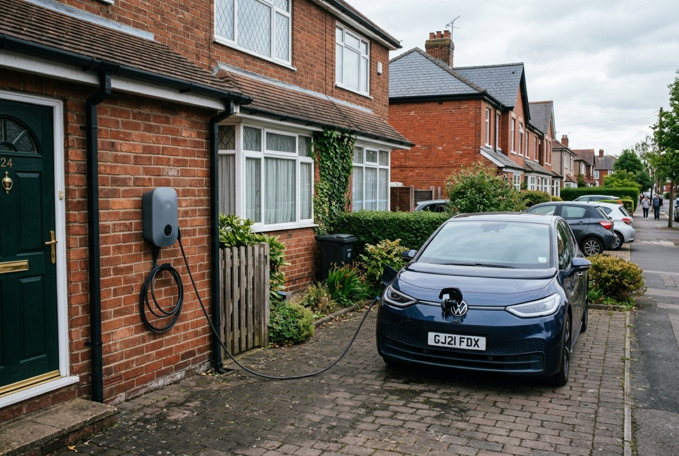A 7kW home EV charger with an electric car charging on a UK driveway
