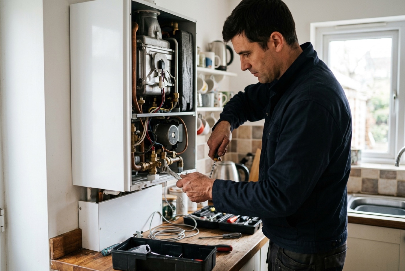 A Gas Safe engineer repairing a boiler in a Windsor home