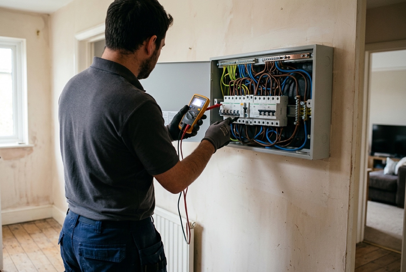 A registered electrician working at a consumer unit in a Windsor home