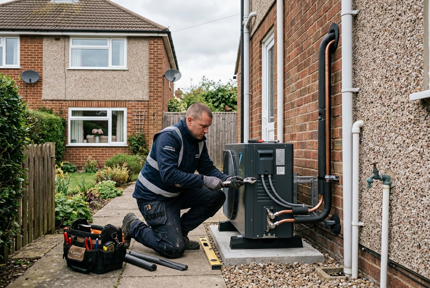 An MCS-certified installer fitting an air source heat pump in the UK