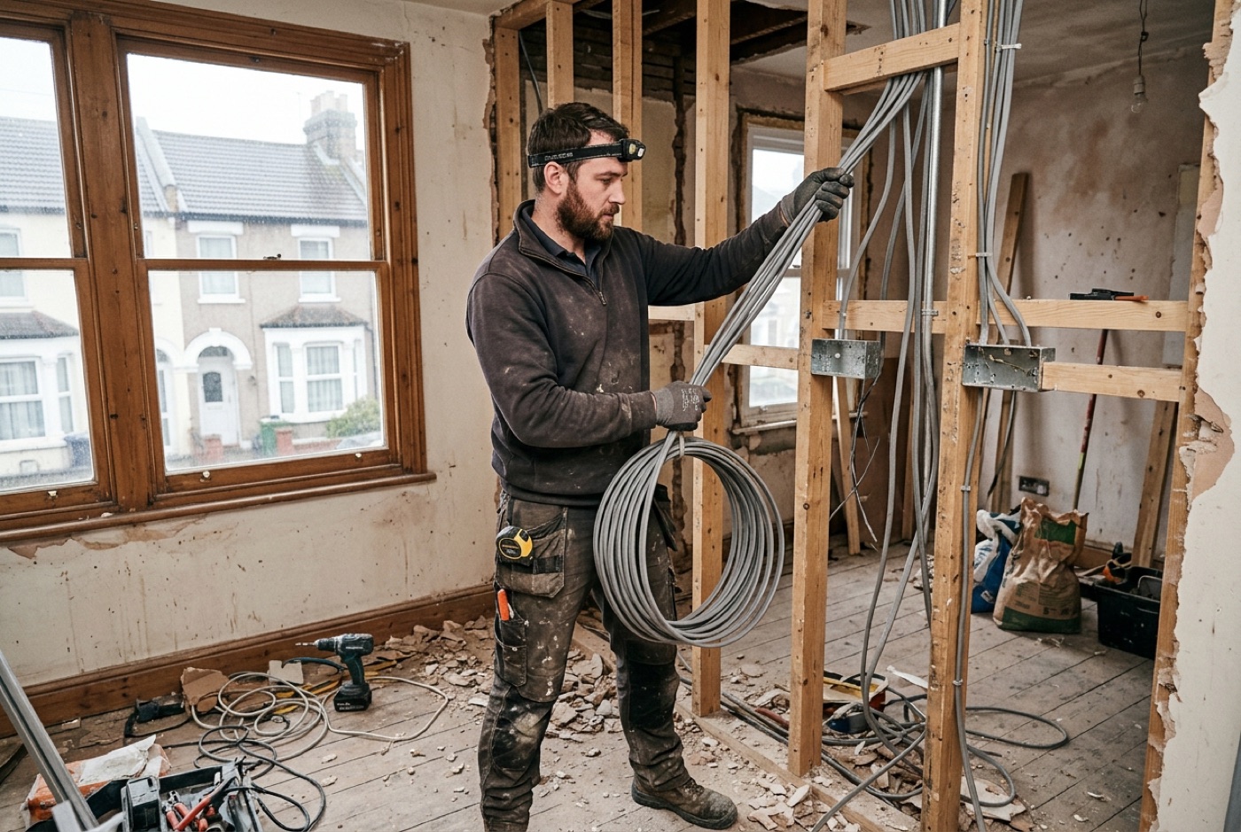 An electrician carrying out a full house rewire in a UK home
