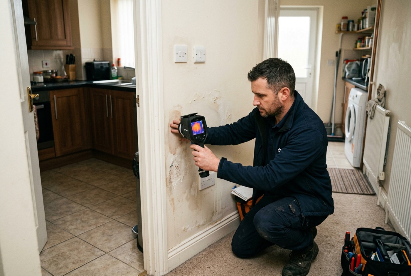 A specialist using thermal imaging to locate a hidden leak in a UK home