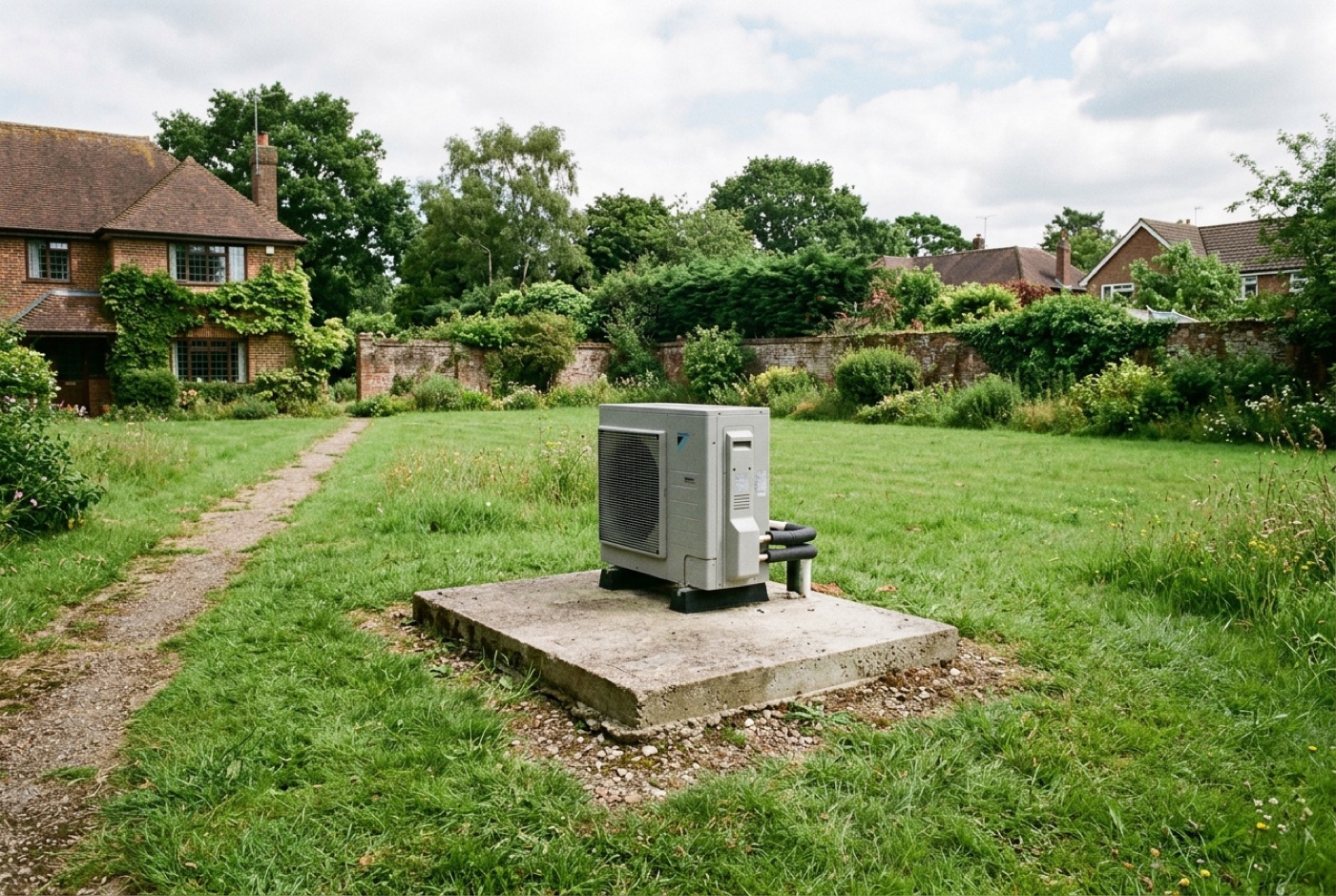 An air source heat pump sited in open ground to meet MCS 020 noise rules