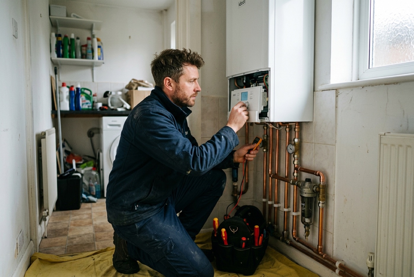A Gas Safe engineer commissioning a newly installed combi boiler