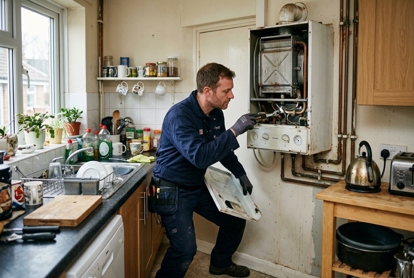 An older combi boiler being assessed for replacement by a Gas Safe engineer